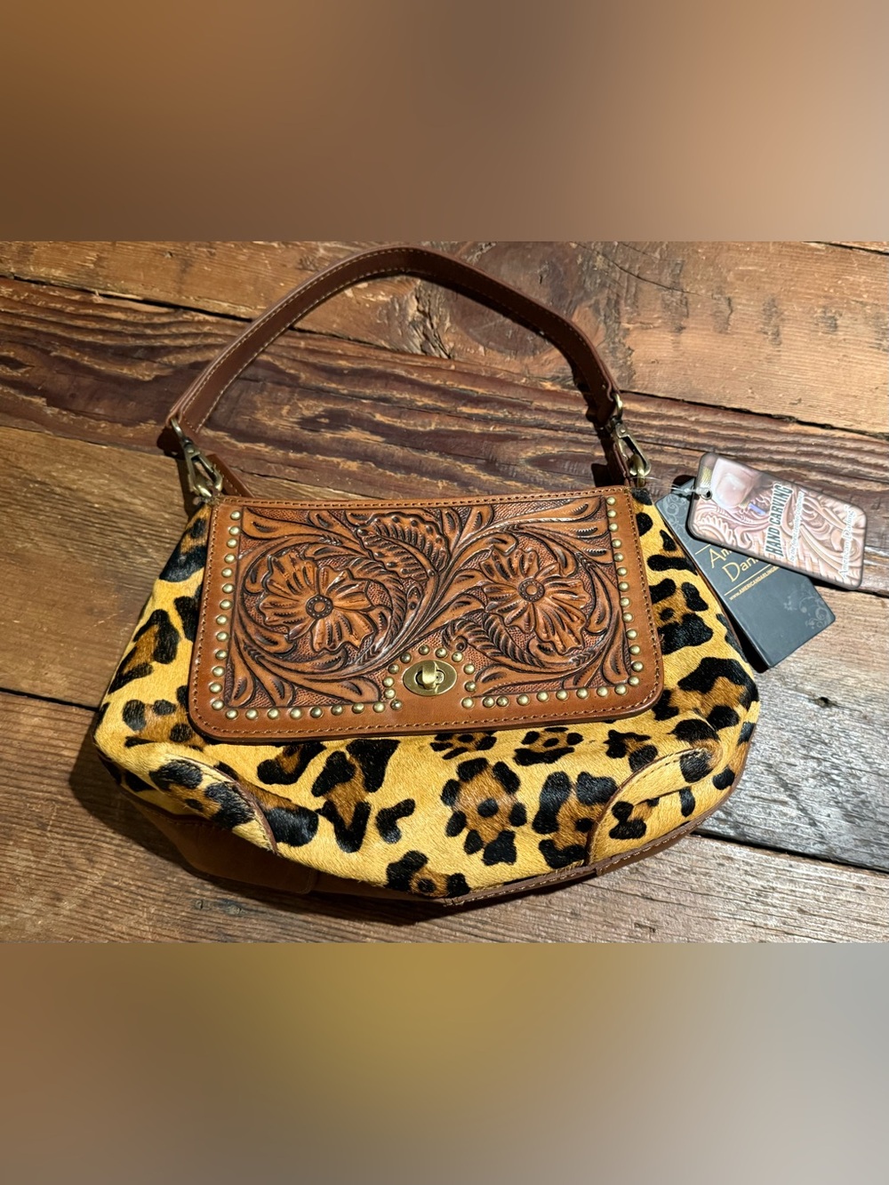 American Darling Leopard Print Shoulder Bag with Tooled Leather Flap NEW
